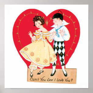 Poster Saint-Valentin rétro, Arlequin et cœur vintage
