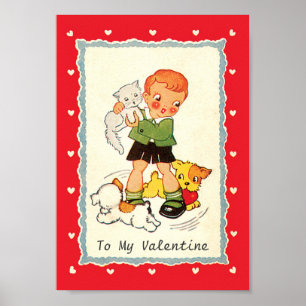 Poster Saint-Valentin Victorien Vintage Garçon, Chat et C