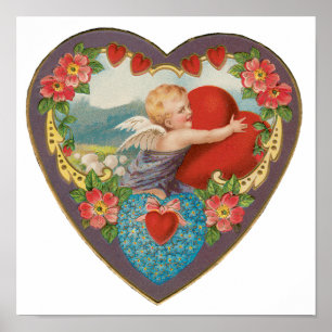 Poster Saint Valentin vintage, Coeurs Cherub victoriens
