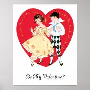 Poster Saint-Valentin vintage, Fille, Arlequin et Cœur