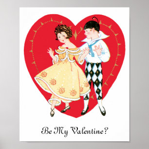Poster Saint Valentin vintage, fille, arlequin et coeur