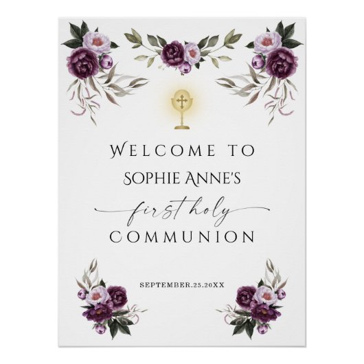 Poster Sainte Communion Purple Pink Fleurs Bienvenue (Devant)