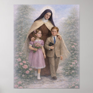 Poster Sainte Thérèse guidant les enfants Roses Catholiqu