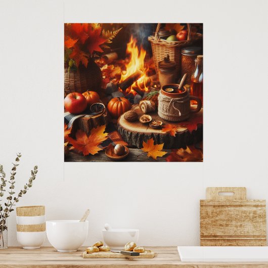 Poster Saison d'automne Citrouilles et Camp Fire AI Poste (Cuisine)
