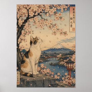 Poster Sakura Cat by Mount Fuji