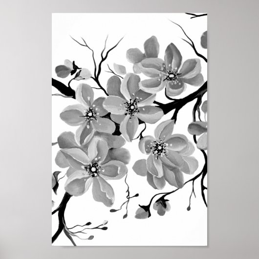 Poster Sakura Cerisier japonais Noir et blanc (Devant)