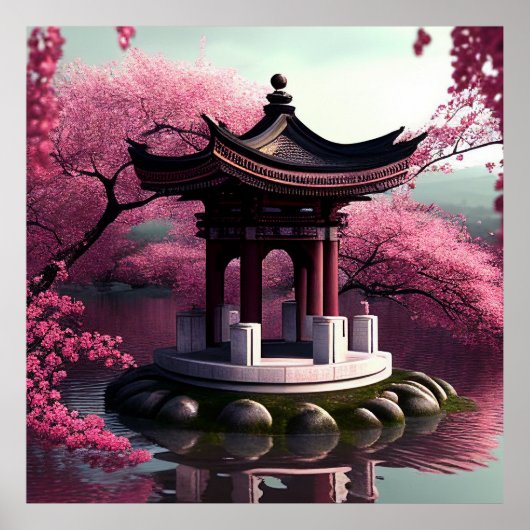 Poster Sakura Cherry Blossom Garden Shrine Pond Japonais (Devant)