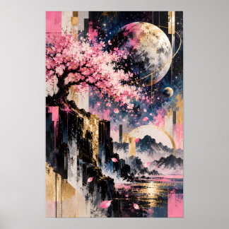 Poster Sakura Cosmique Tourbillon Doré Galaxie Rose Or Ar