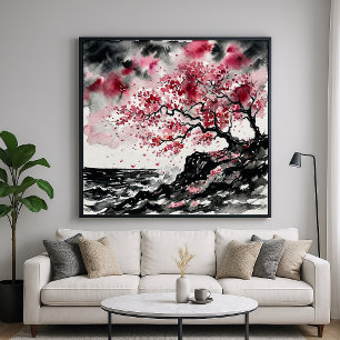Poster Sakura Côtière - Cerisiers en fleurs de style aqua