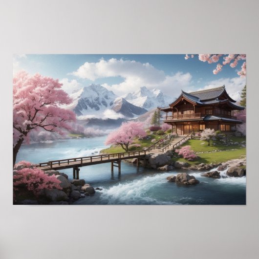 Poster Sakura d'hiver avec vue sur la montagne (Devant)