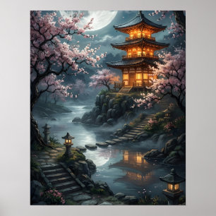 Poster Sakura japonaise au clair de lune