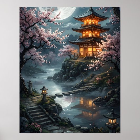 Poster Sakura japonaise au clair de lune (Devant)