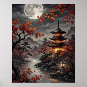Poster Sakura japonaise au clair de lune