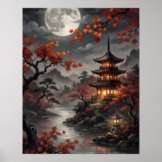 Poster Sakura japonaise au clair de lune (Devant)