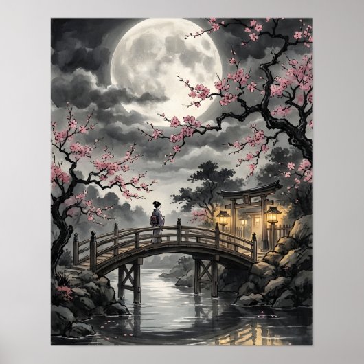 Poster Sakura japonaise au clair de lune (Devant)