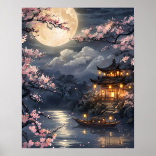Poster Sakura japonaise au clair de lune
