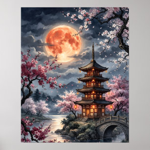 Poster Sakura japonaise au clair de lune