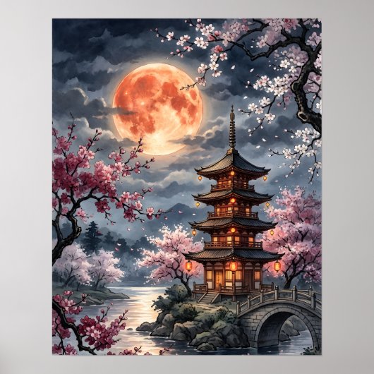 Poster Sakura japonaise au clair de lune (Devant)