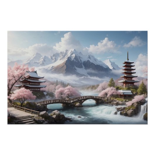 Poster Sakura Peinture avec Pagode et Rivière (Devant)