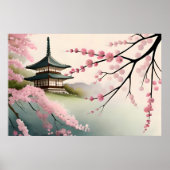 Poster sakura peinture rose pagode japonaise construction (Devant)