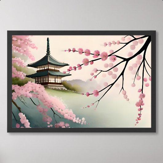 Poster sakura peinture rose pagode japonaise construction