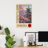 Poster Sakura Temple Print Japanese Pagoda, Cherry (Bureau à domicile)