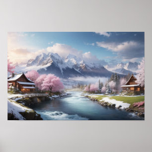 Poster Sakura Tree japonais d'hiver avec vue sur la monta