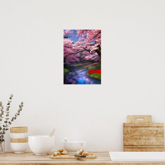 Poster Sakura Trees Embrassez le ruisseau Calm (Cuisine)