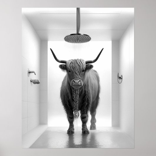 Poster Salle de bain avec douche Highland Cow Noir et bla (Devant)