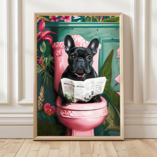 Poster Salle de bain Boulledogue français noir lisant sur