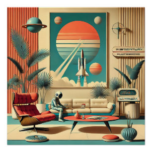 Poster Salle de séjour familiale d'ère spatiale futuriste