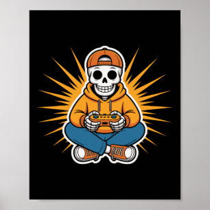 Poster Salle de style de jeu vidéo drôle de squelette rét