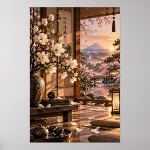 Poster Salle de thé japonaise Mont Fuji Coucher de soleil