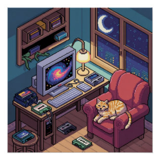 Poster Salle Rétro en Pixel Art Lofi de Minuit