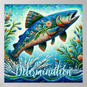 Poster Salmon Jumping Mosaic Floral Blue Personalized (Devant)