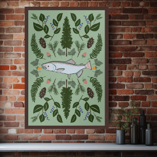 Poster Salmon PNW Nature Fir Ferns Berries Forest Forage