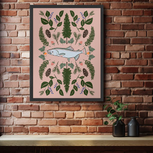 Poster Salmon PNW Nature Fir Ferns Berries Forest Forage