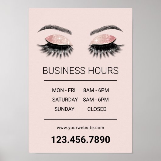 Poster Salon de beauté rose Gold Eyelash Heures d'ouvertu (Devant)