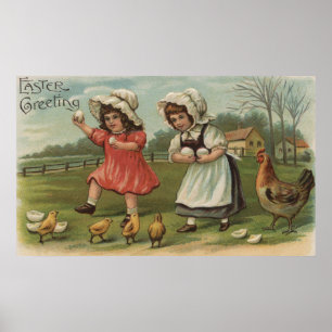 Poster Salutation de PâquesPetites filles tenant des oeuf