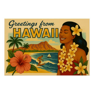 Poster Salutations de la mi-siècle du Tourisme Hawaïen d'