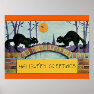 Poster Salutations Halloween, Deux Chats Noirs,