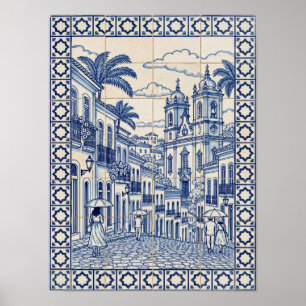 Poster Salvador Bahia Brésil Art Azulejo Portugais Bleu