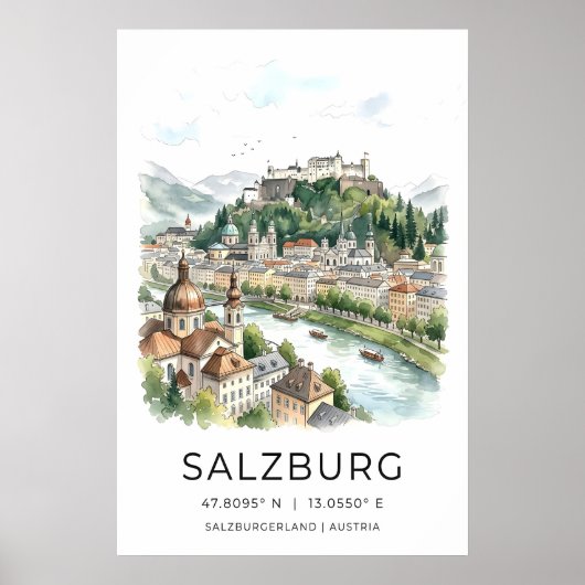 Poster Salzburg Cityscape Print - Watercolor Skyline with (Devant)