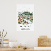 Poster Salzburg Cityscape Print - Watercolor Skyline with (Cuisine)