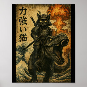Poster Samouraï Chat Noir Dinosaure Vague de Mer