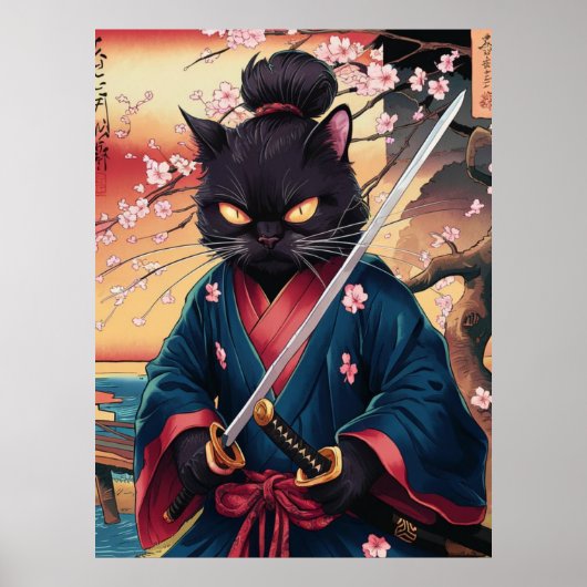 Poster Samouraï chat noir drôle (Devant)