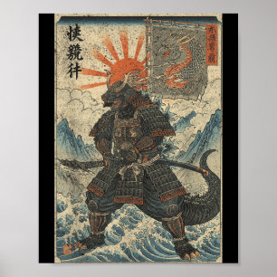 Poster Samouraï Kaiju Ukiyo-E Guerrier Graphique Kaiju An