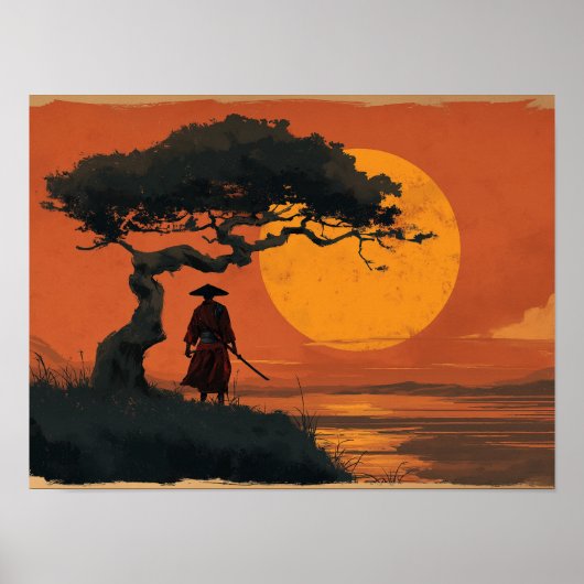 Poster Samouraï sous l'arbre du coucher de soleil dans le (Devant)