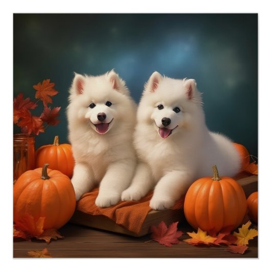 Poster Samoyed Chiot Automne Citrouille de plaisir (Devant)