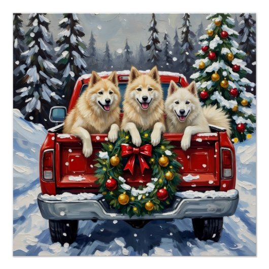 Poster Samoyed Noël Camion Rouge Fêtes (Devant)